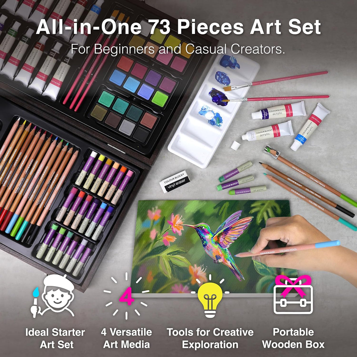 colour block 73-piece art set – premium art shown in use