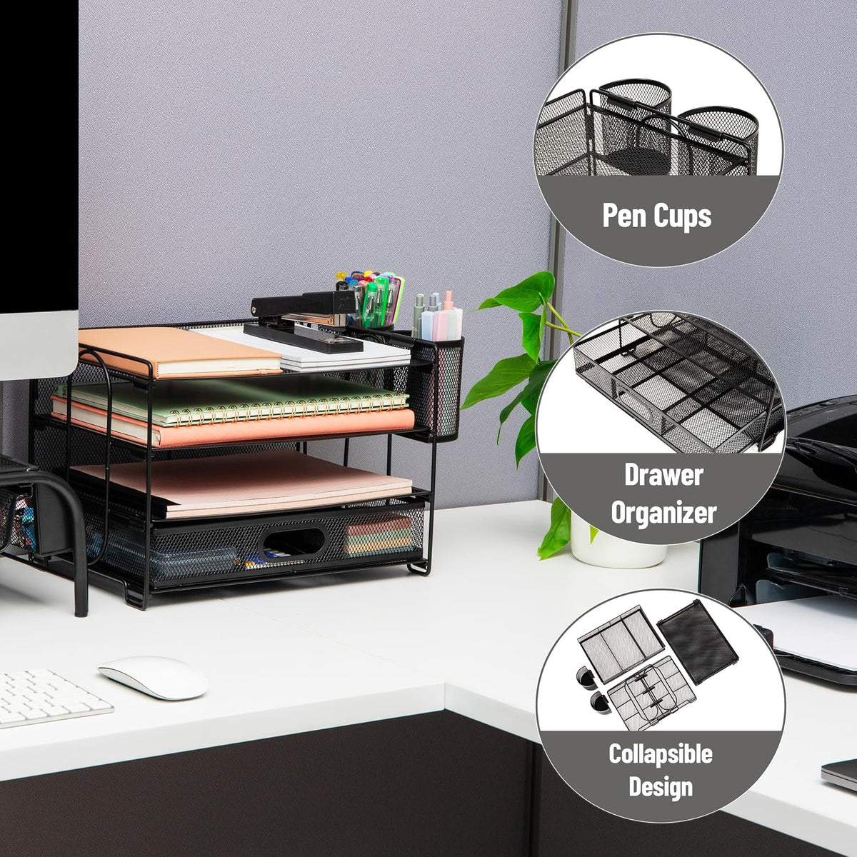 Mind Reader Mesh Desk Organizer, 3 Trays, 1 Drawer, 2 Pen Holders, Office Des...