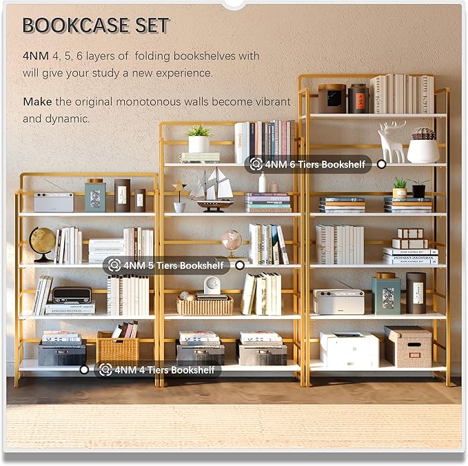 4NM No Assembly Extra Wide 5 Tiers Folding Bookshelf Storage Shelves Vintage - Image 5