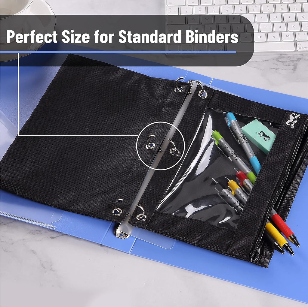 Mr. Pen- Pencil Pouch for 3 Ring Binder, 2 Pack, 10"x6.75", Smooth Zipper | Clear Window, Large Capacity Pencil Case with 3 Reinforced Grommets for School, Office, Supplies Storage