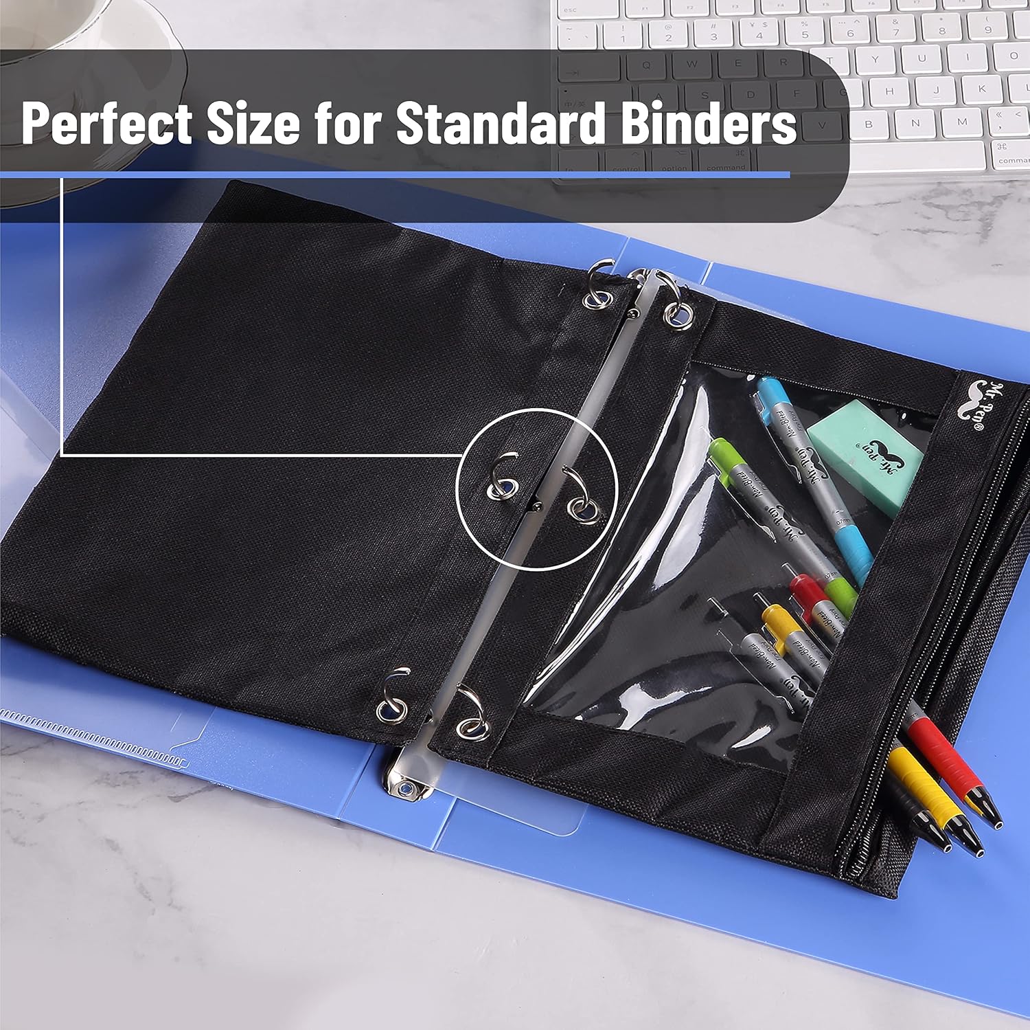 Mr. Pen- Pencil Pouch for 3 Ring Binder, 2 Pack, 10"x6.75", Smooth Zipper | Clear Window, Large Capacity Pencil Case with 3 Reinforced Grommets for School, Office, Supplies Storage