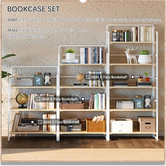 4NM No Assembly 5 Tiers Folding Bookshelf Storage Shelves Vintage Bookcase - Image 5
