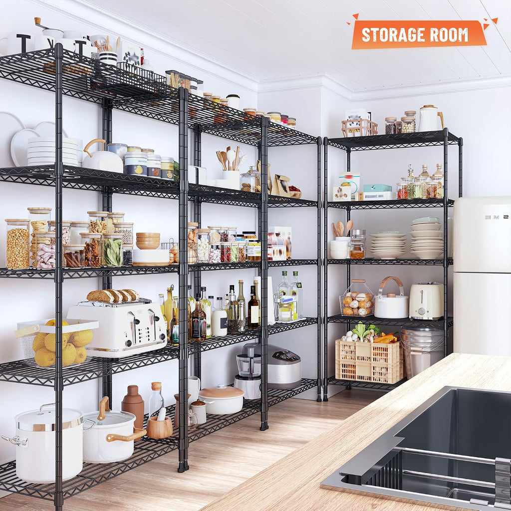 romorgniz 5-tier adjustable wire shelving, 1010lbs, kitchen pantry showing dimensions