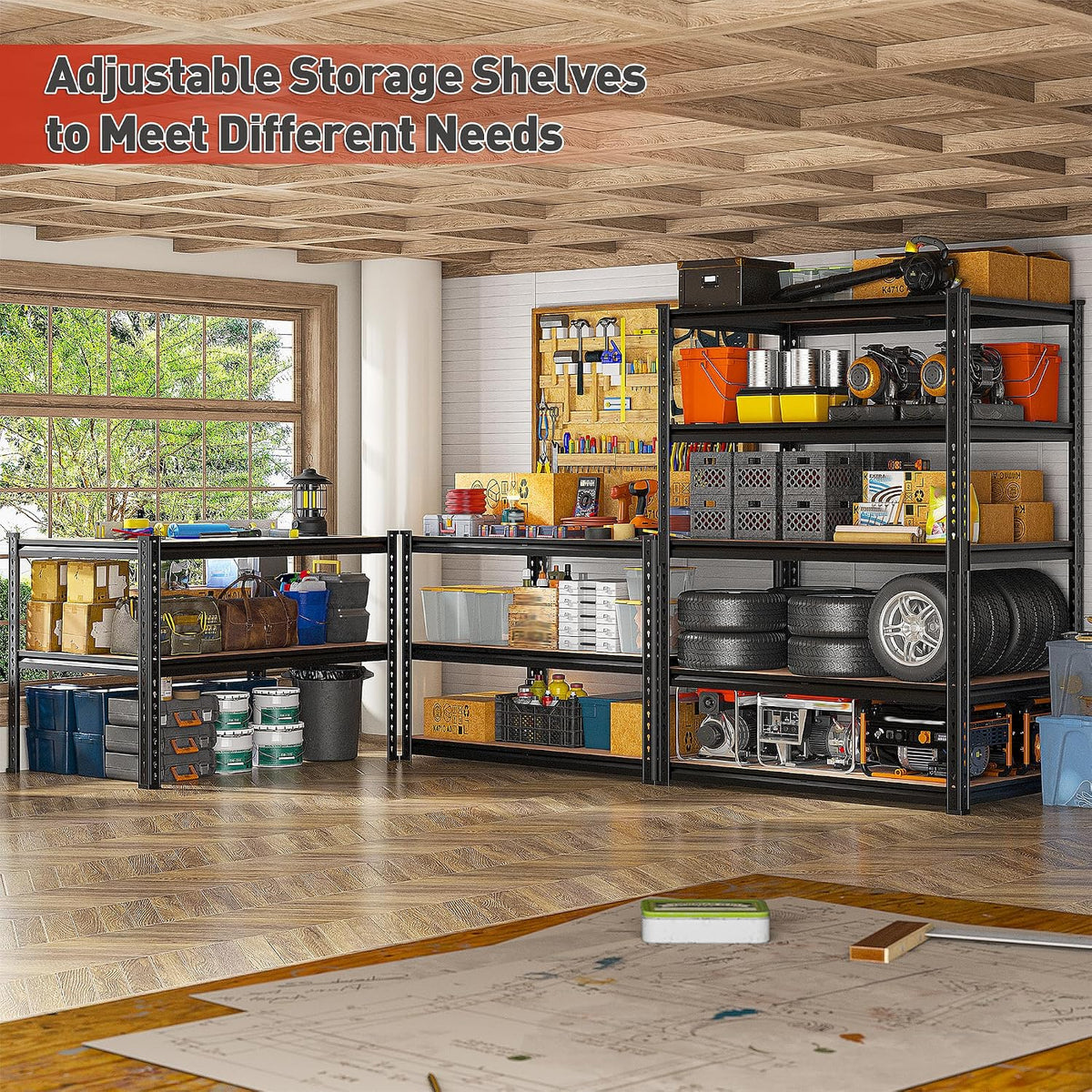reibii 3 pack garage shelving,5 tier heavy duty, side view