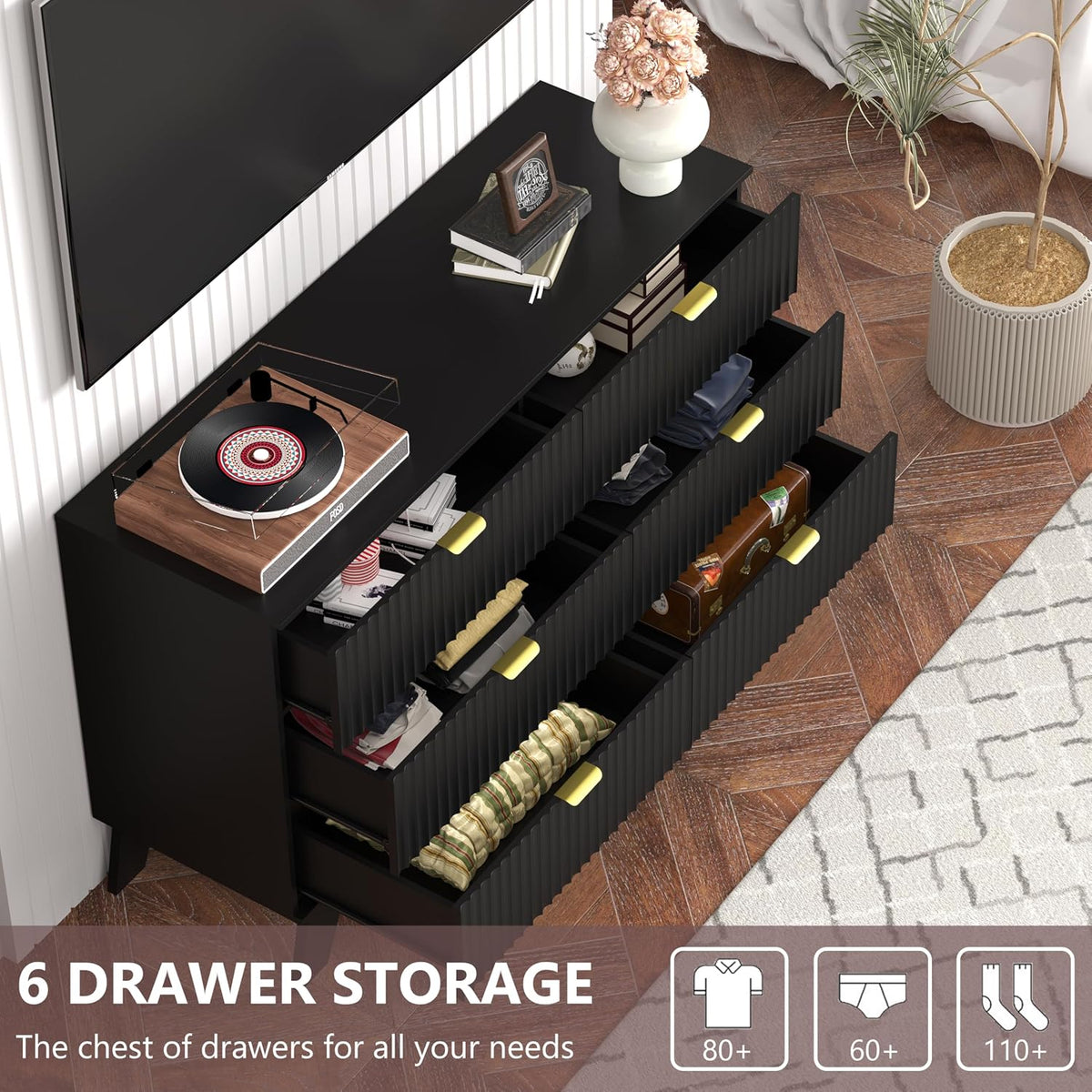Black Dresser 6 Drawer Dresser for Bedroom, 47''W Fluted Wooden Dress...