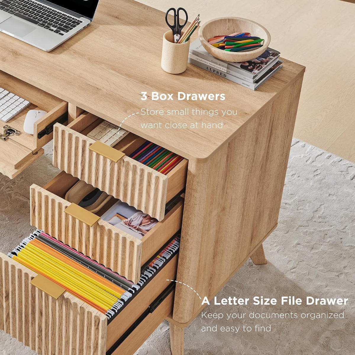 T4TREAM 60-Inch Modern Fluted Executive Desk with Drawers, Natural Oak