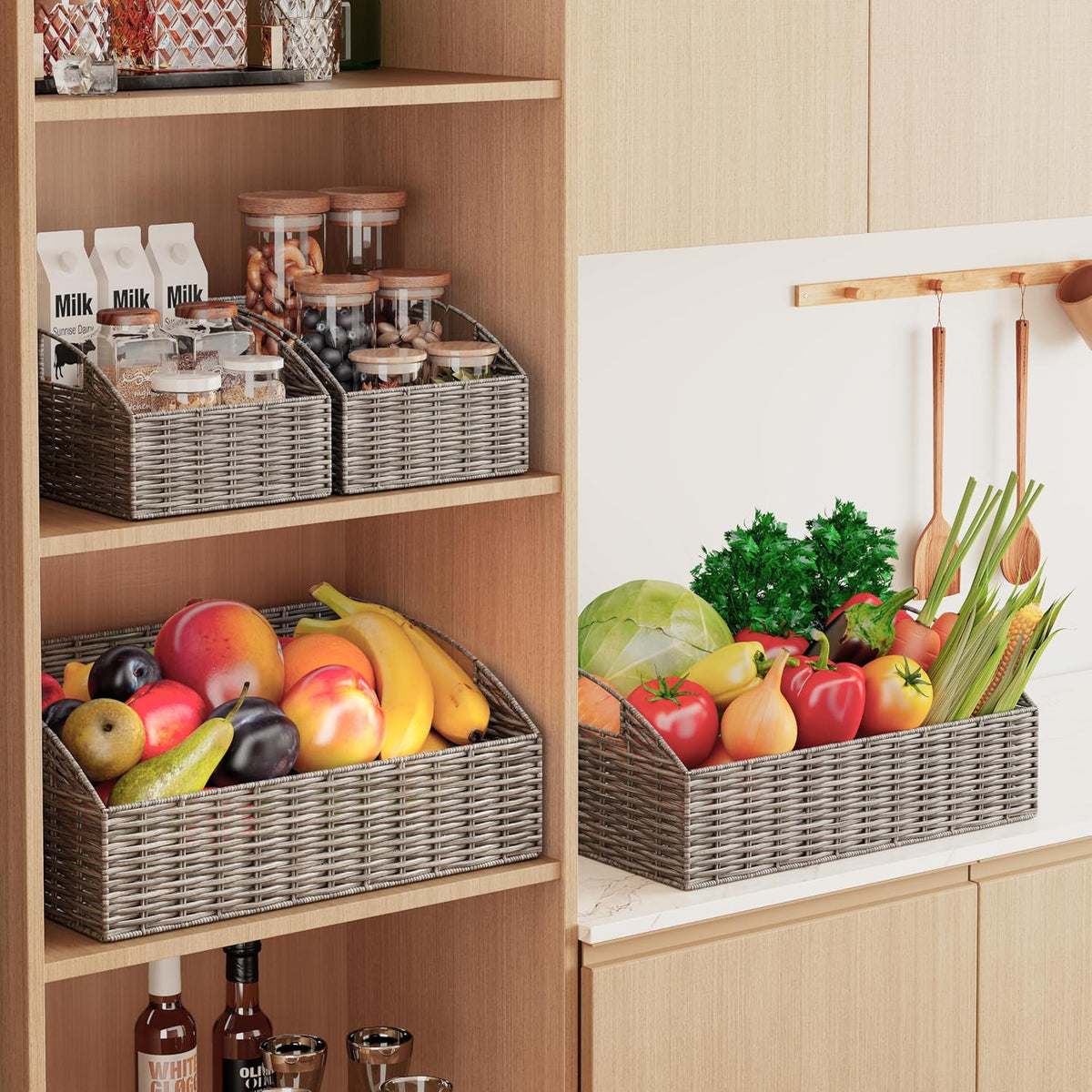 Pantry Baskets Organization, Wicker Storage Bin Shelf Grey