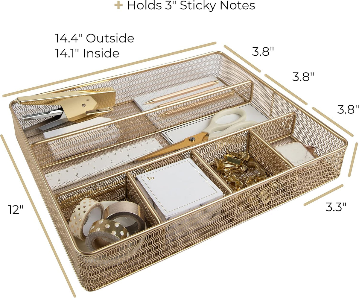 BLU MONACO | Gold Desk Drawer Organizer Tray with 6 Compartments | Metal Mesh...