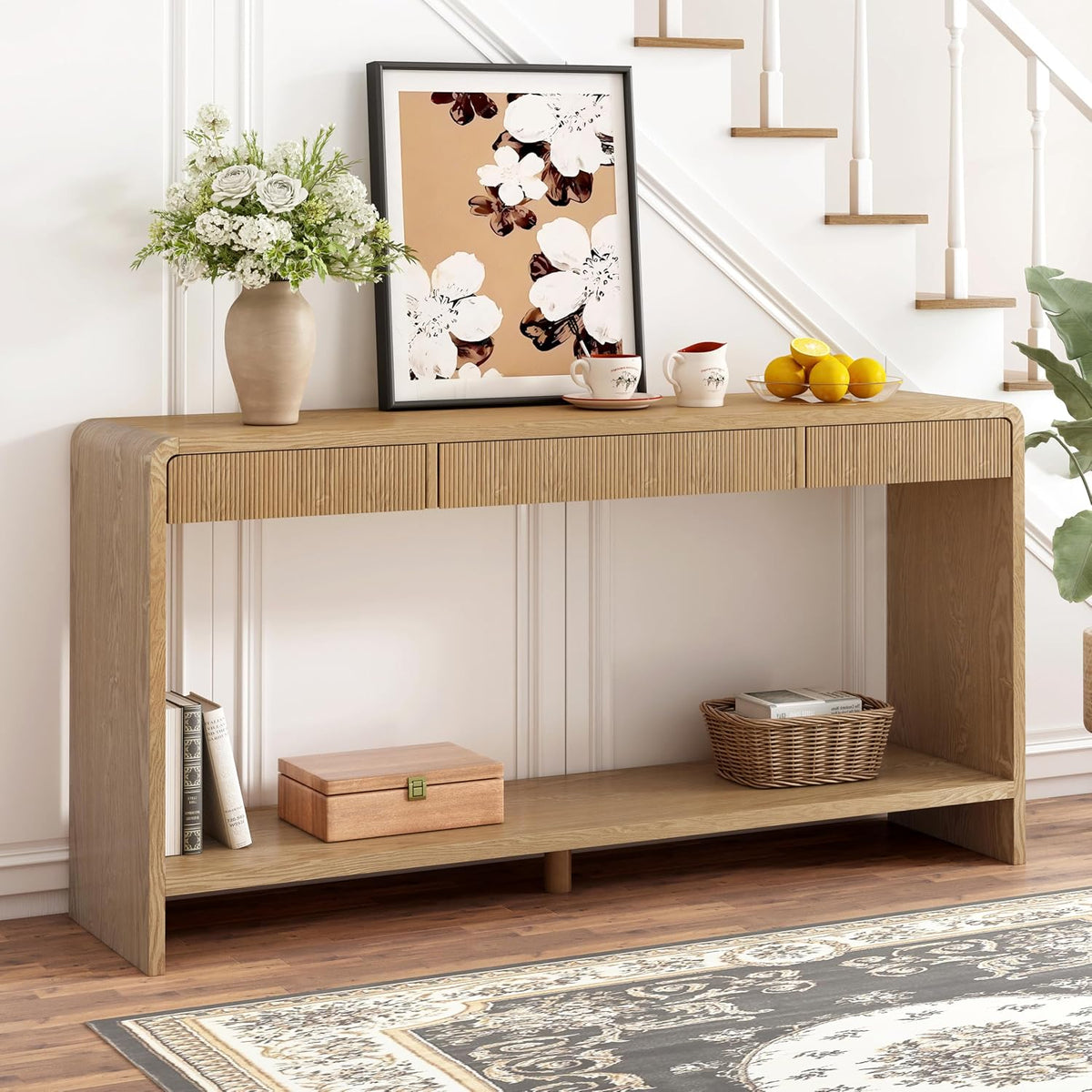 Knocbel Console Table with 3 Drawers and Vertical Slats, Modern Sofa Tables w...