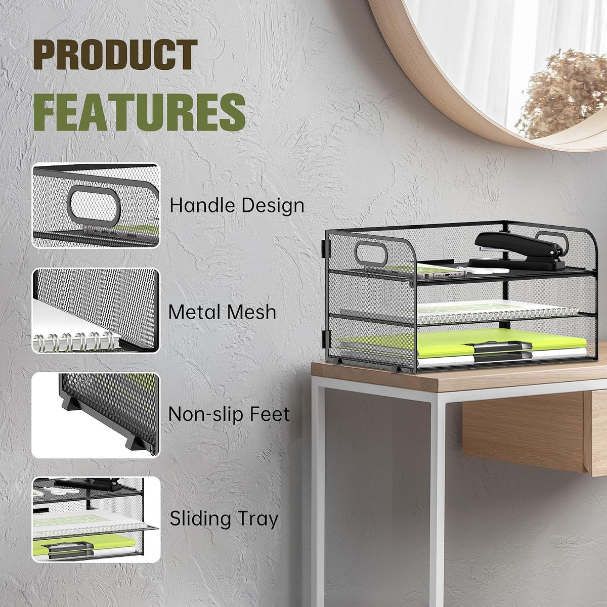 DALTACK 2 Pack 3 Tier Paper Organizer for Desk, Sliding Paper Trays, Black