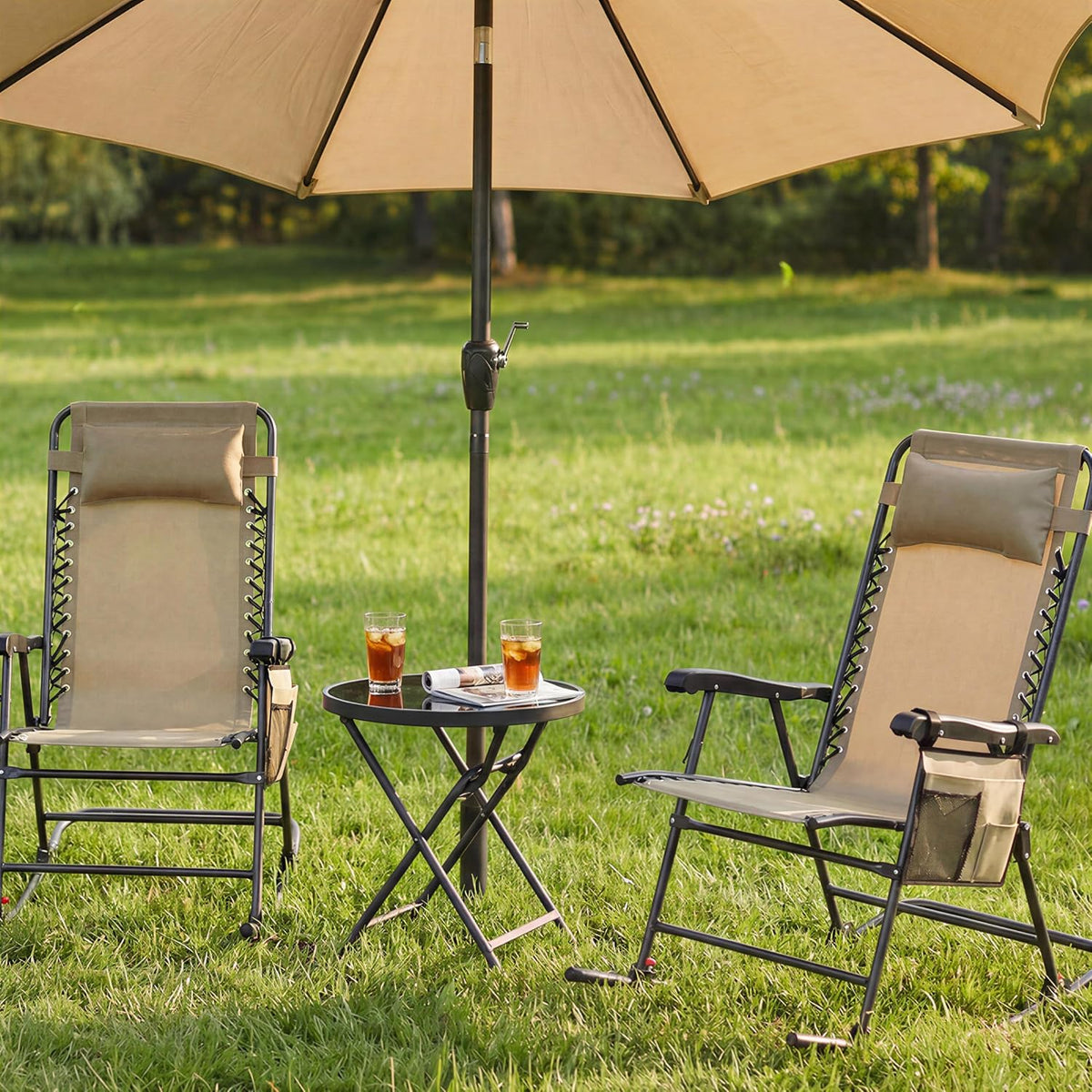 Yaheetech Patio Rocking Chair Folding Camping Chair with Pocket, Beige