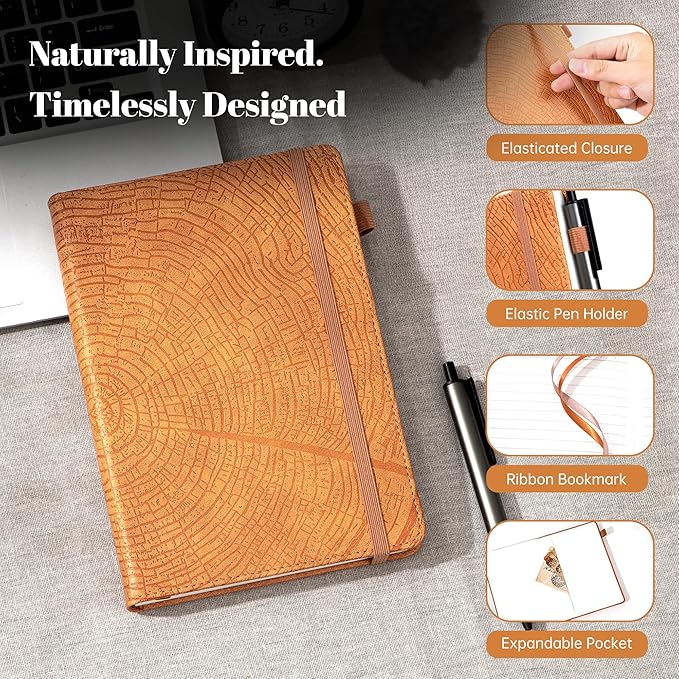 CAGIE Lined Journal for Men Women, Tree Growth Ring Leather Bound Journal - Image 2