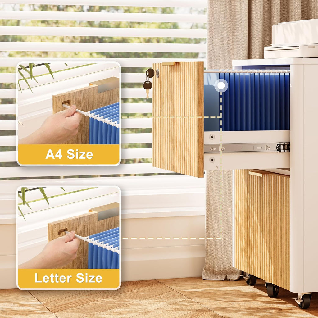 2 drawers fluted mobile file cabinet with lock, side view