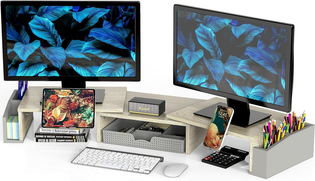 simple houseware desk dual monitor stand riser with shown in use