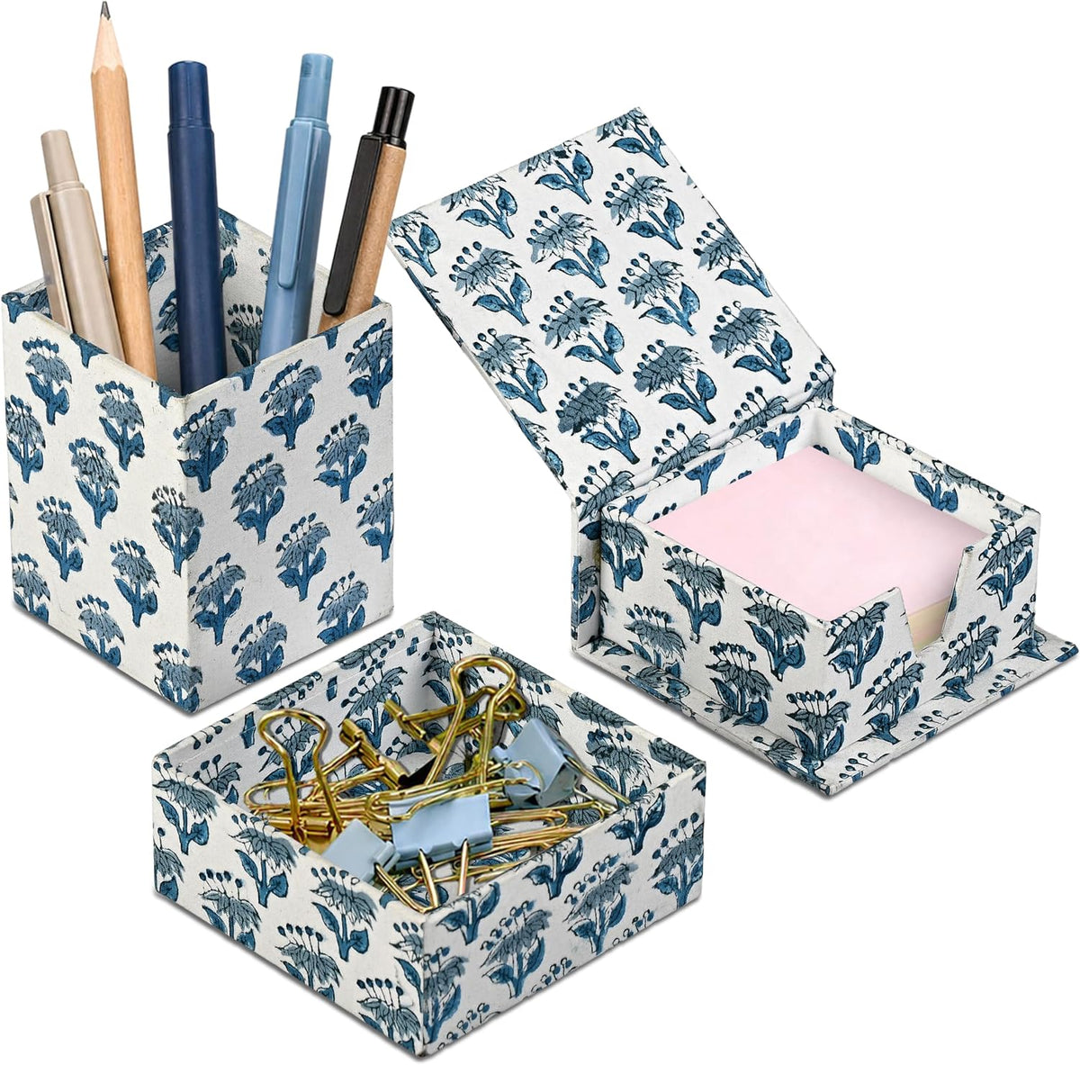 CPC Apatite Blue Block Print Set of 3 Desk Organizer
