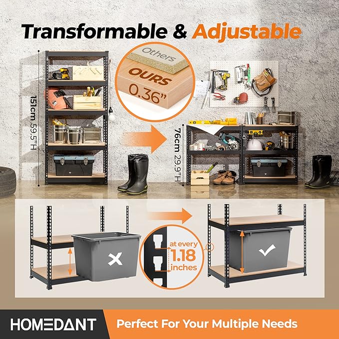 HOMEDANT 28" W 5 Tier Heavy Duty Garage Shelving Adjustable Metal Rack Storage - Image 4