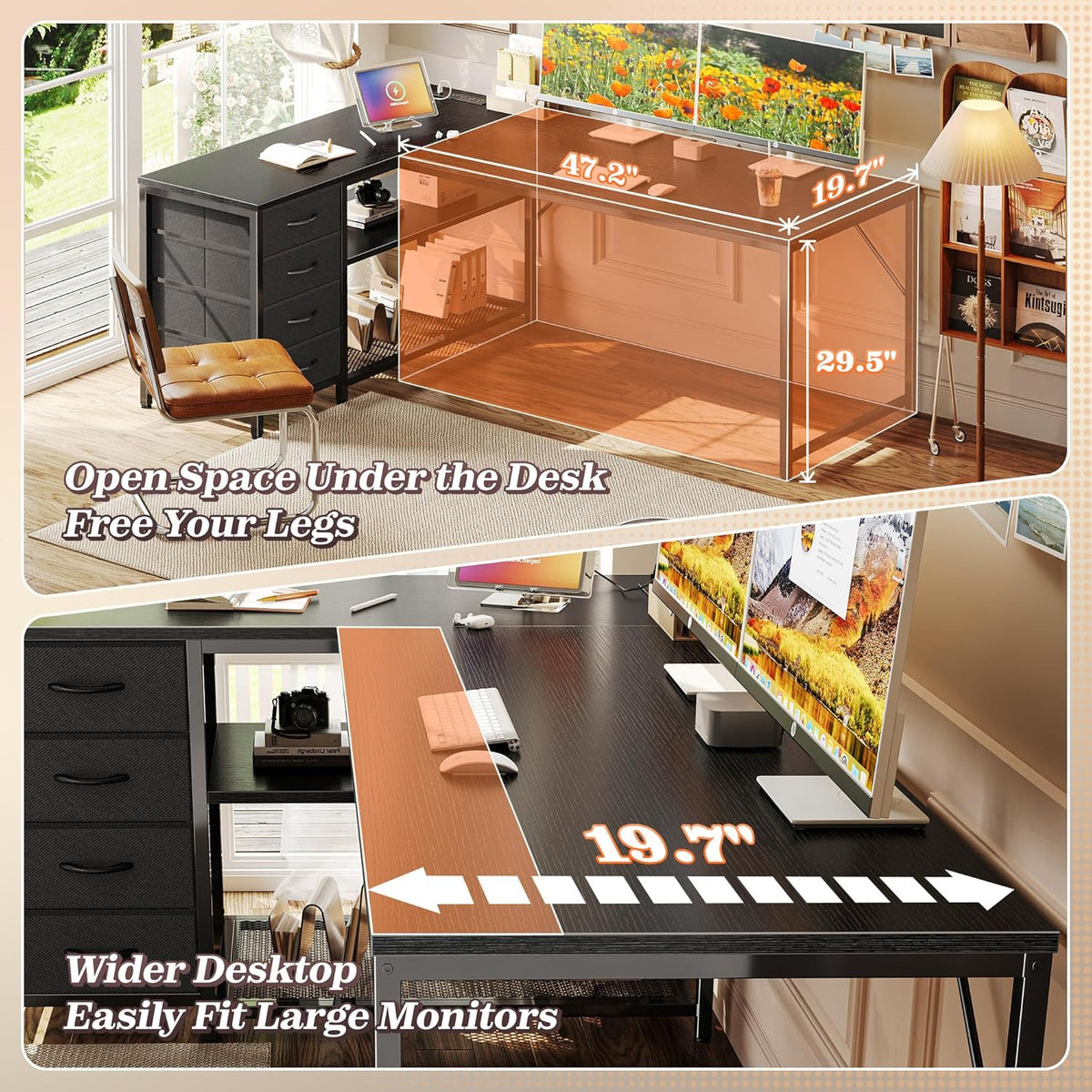PRAISUN 61" L Shaped Desk with Power Outlets & 4 Drawers