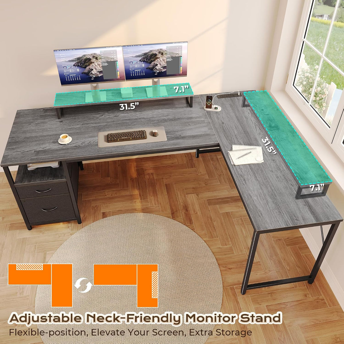 PRAISUN 63 Inch L Shaped Desk with Power Outlets and USB-C Port, Computer Cor...