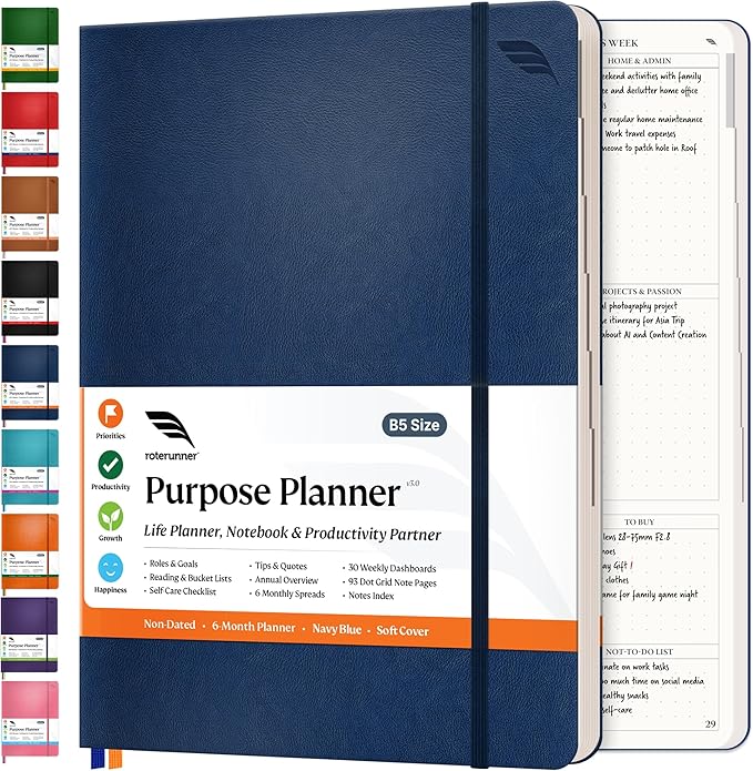 Roterunner Purpose Planner Notebook B5 7.5”x9.8” Undated Planner 2025 Daily by Roterunner