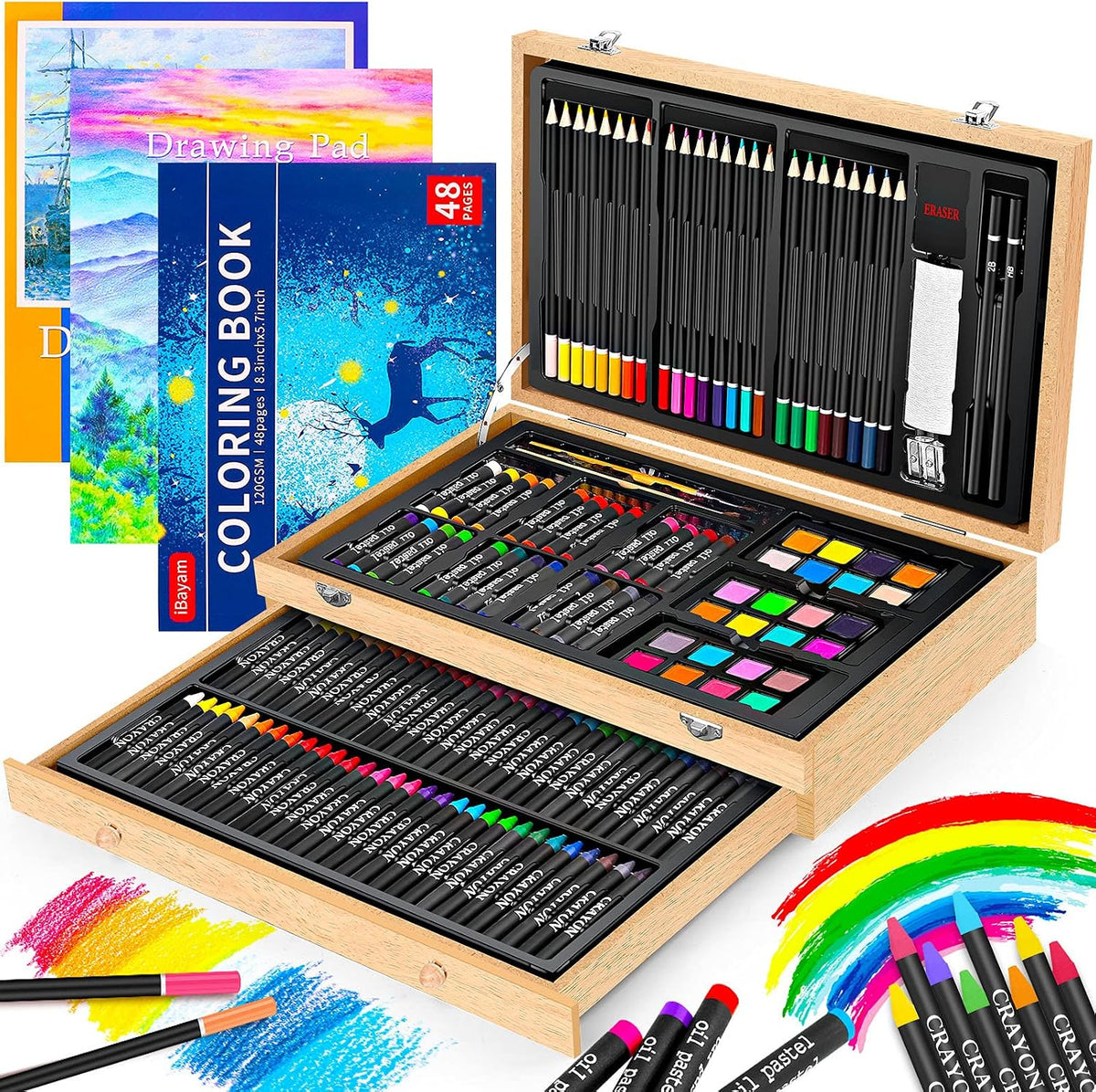 ibayam 150-pack art supplies, deluxe wooden art set, main product view