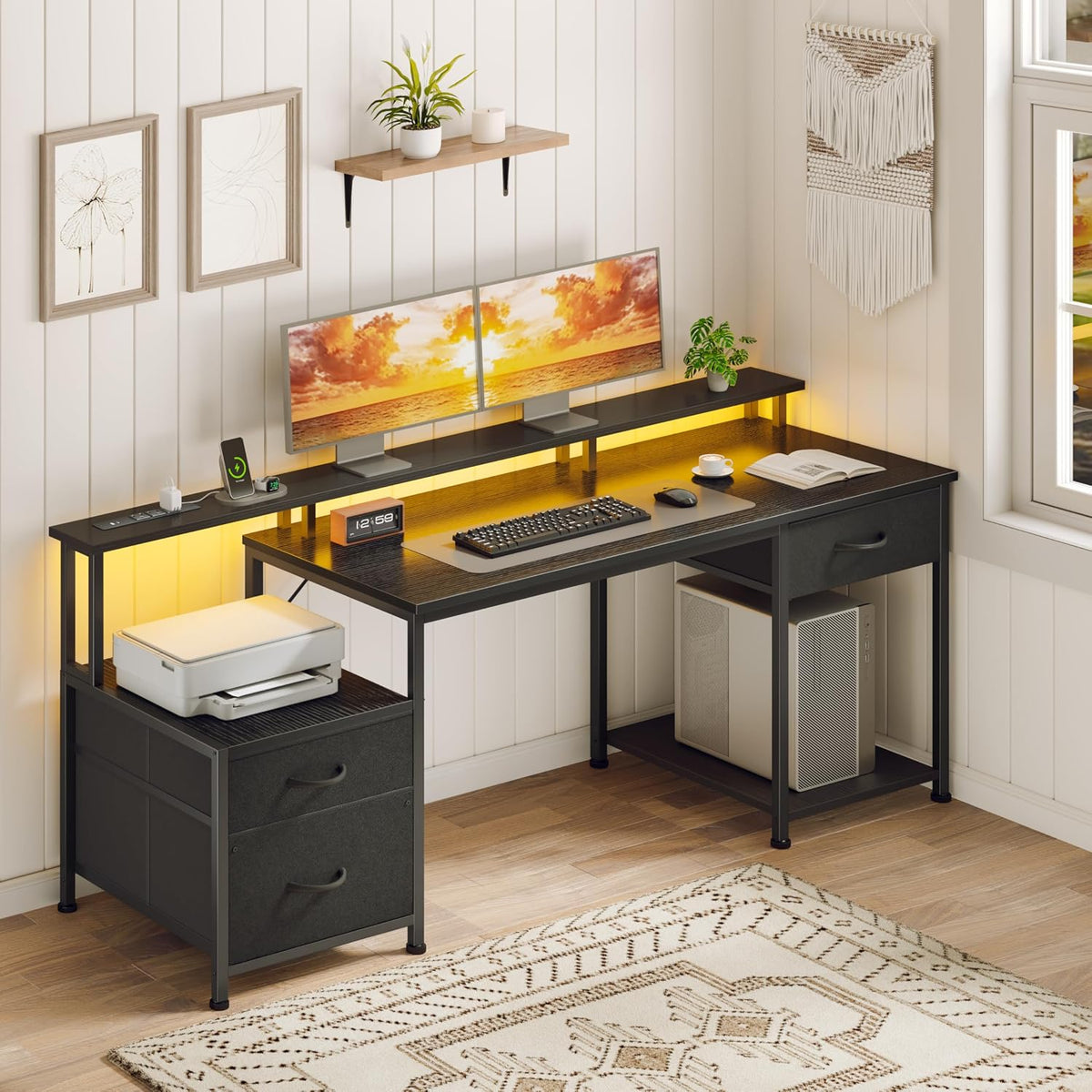 Korfile 55" Computer Desk with File Drawer, Printer Space, Dark Black