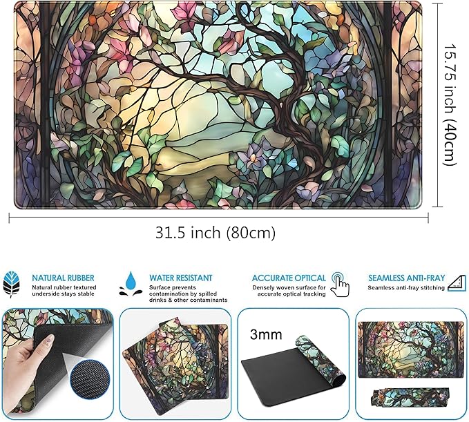 Stained Glass Tree Desk Mat Cartoon Tree Gaming Mouse Pad Large XXL Extended - Image 3