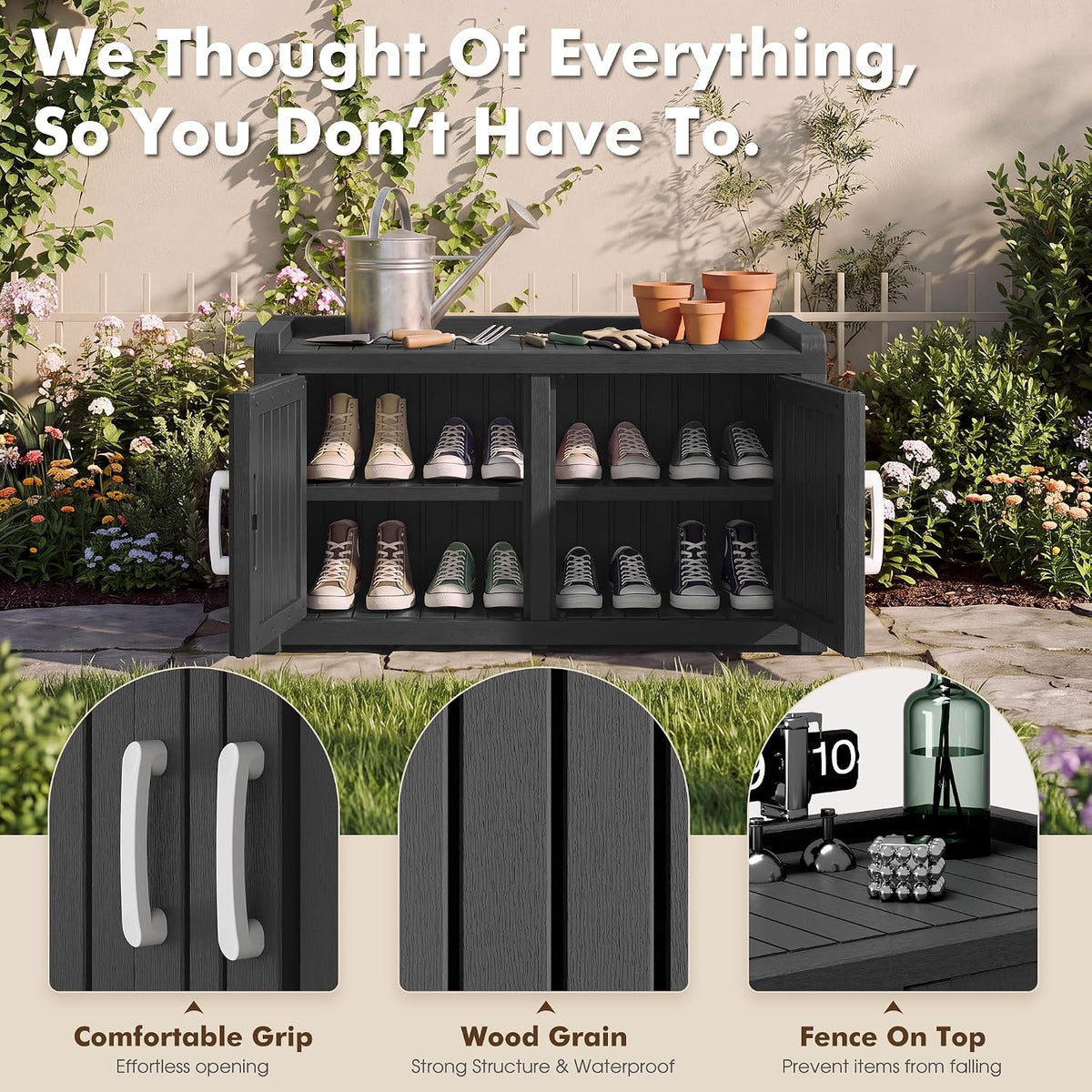 2-Tier Storage Bench, Waterproof UV-Resistant Outdoor Shoe Storage Cabinet wi...