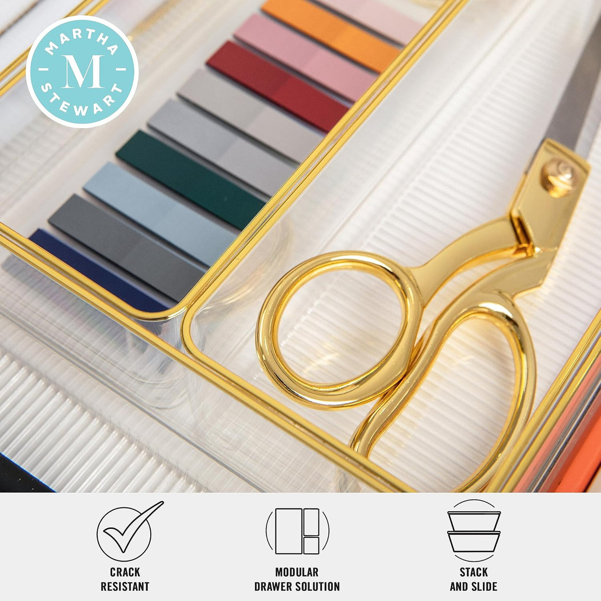 Martha Stewart Kerry Stackable Desk Drawer Organizers, Clear/Gold, 6-Pack