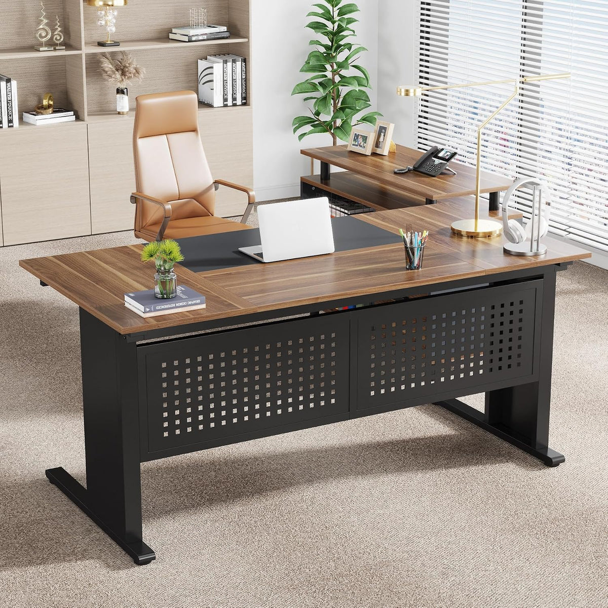 Tribesigns 63 Inch Executive Desk with File Cabinet, L Shaped Office Desk