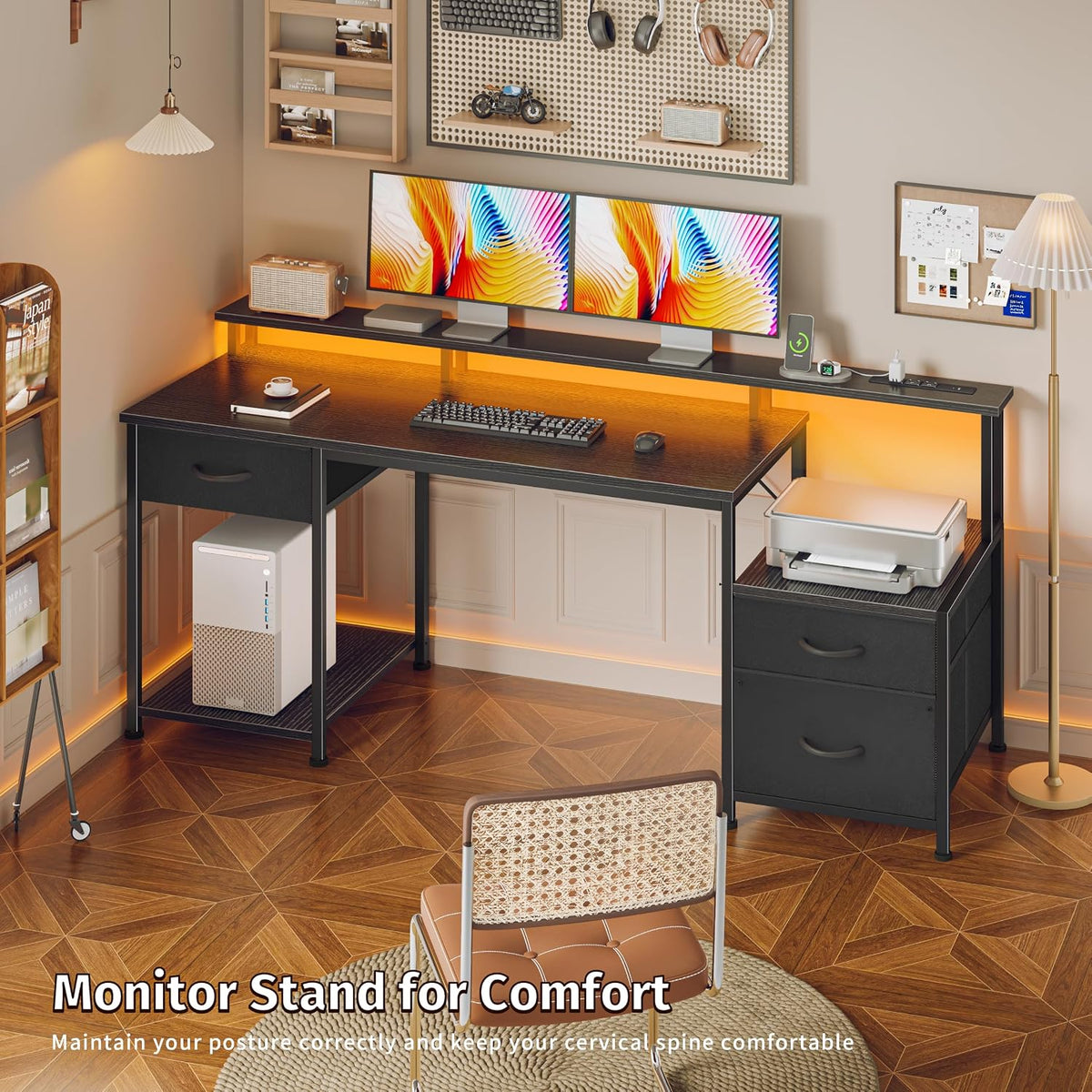 Korfile 55" Computer Desk with File Drawer, Printer Space, Dark Black