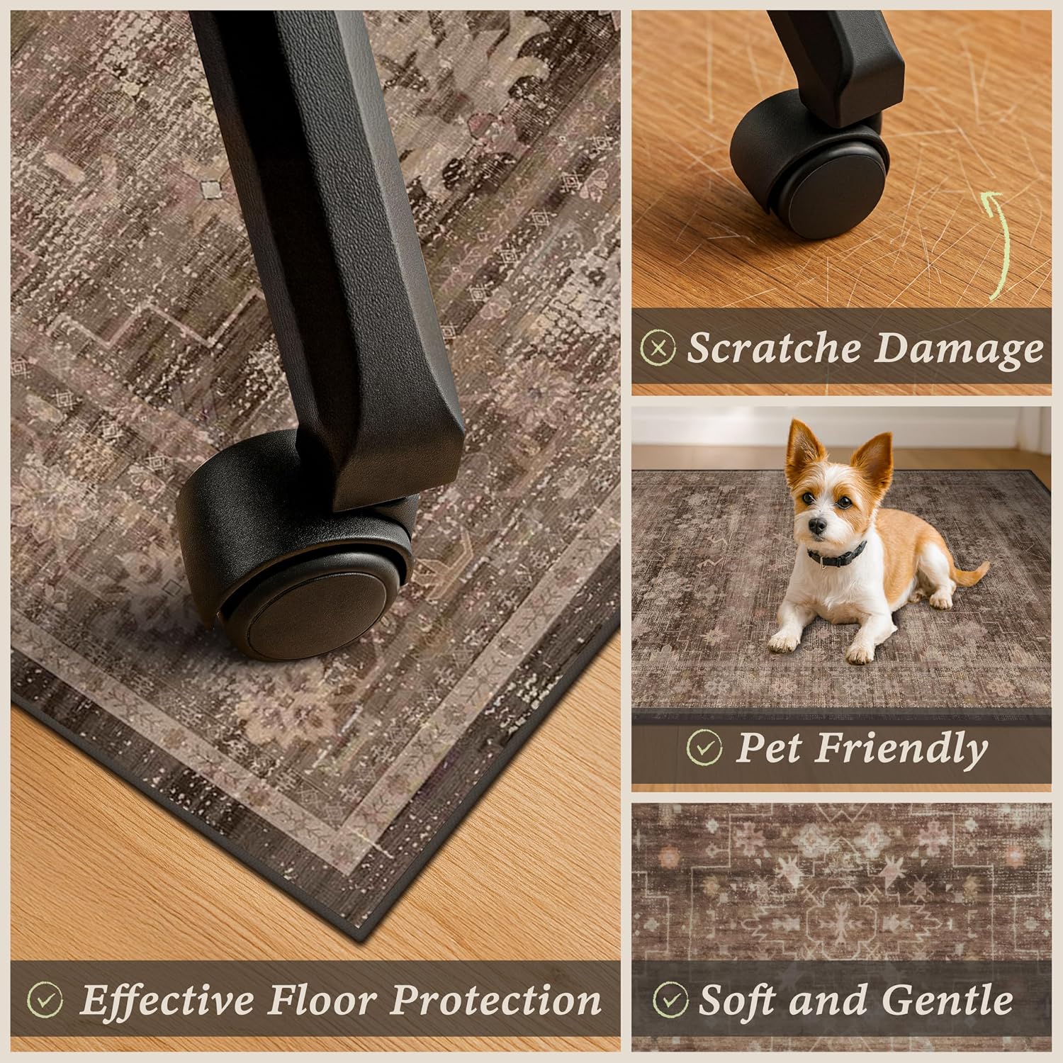 Office Chair Mat for Hardwood Floors, 60" x 72" Brown Boho Under Desk Rug, Ultra Soft Low Pile Floor Protector for Rolling Computer Chairs, Non Slip Easy Clean Desk Mat for Home Office