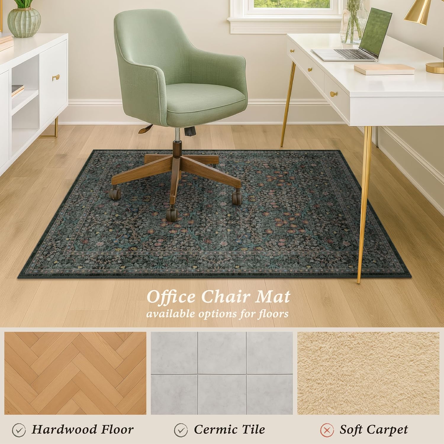 48"x60" Dark Green Office Chair Mat for Hardwood & Tile Floor, Vintage Floral Washable Under Desk Rug with Anti-Slip Backing & Ultra Soft, Floor Protector for Rolling Chairs, Stain Resistant