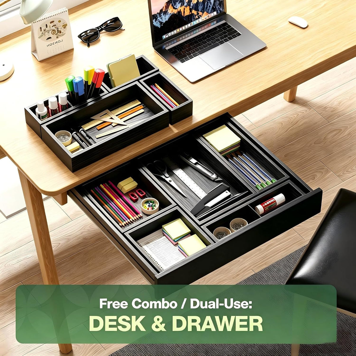 9-Pack Solid Wood Junk Drawer Organizer, Modular Desk Drawer Tray & Acces...