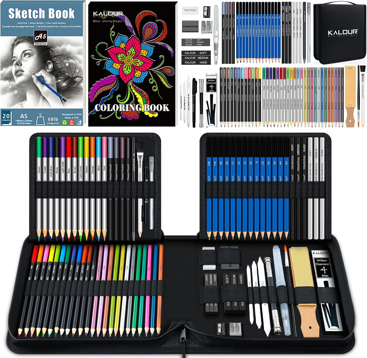 kalour 82 pack drawing sketching kit, pro art, main product view