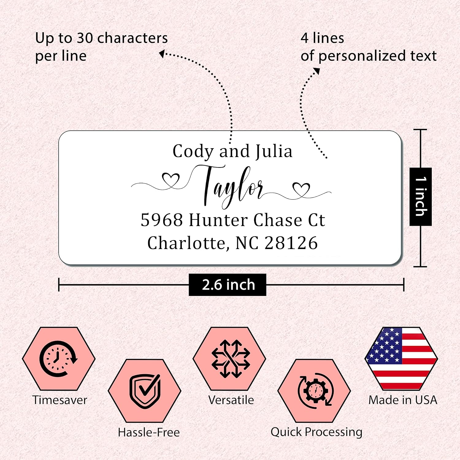 Personalized Return Address Labels Wedding - Set of 240 Elegant Custom Mailing Labels for Envelopes, Self Adhesive Flat Sheet Rectangle Personalized Name Stickers for Wedding Invitations (Heart 2)