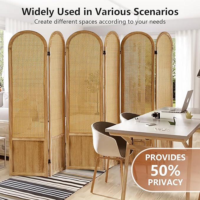 Asnefeli 6 Panels Room Divider, Folding Privacy Screen, Foldable Wood Rattan - Image 2