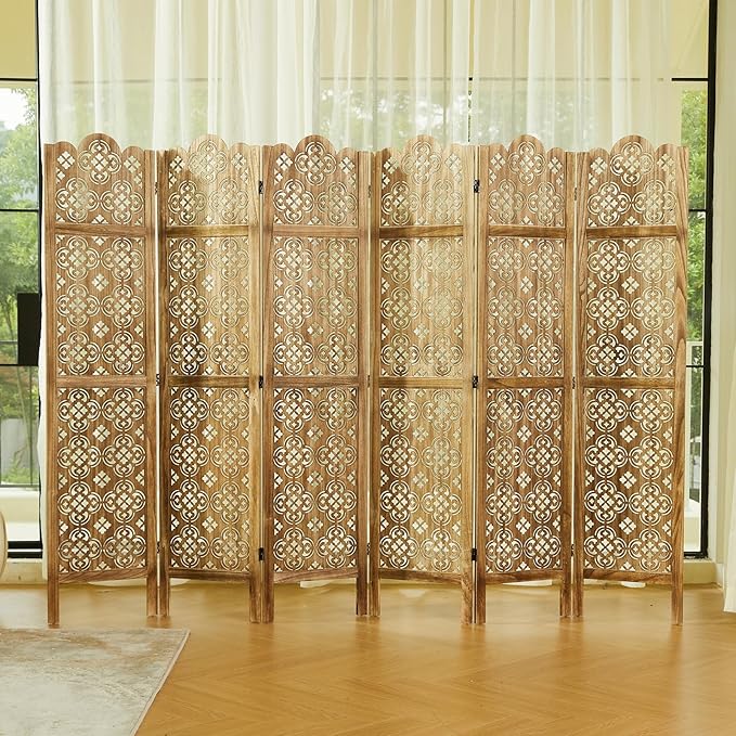 68.9Inch Folding Room Divider, 6 Panels Wood Carved Privacy Screens, Free - Image 5