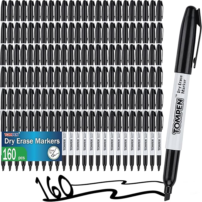 TOMPEN Dry Erase Markers Black, 160 Bulk Pack Chisel Tip, Low Odor Quick-Drying by TOMPEN