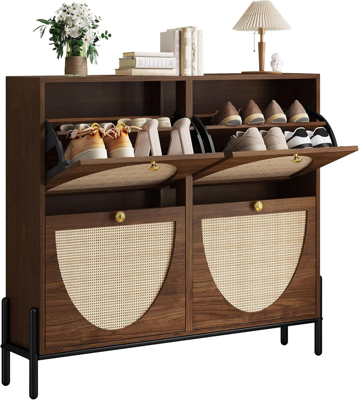 IRONCK Rattan Shoe Cabinet Storage with 4 Flip Drawers, Walnut