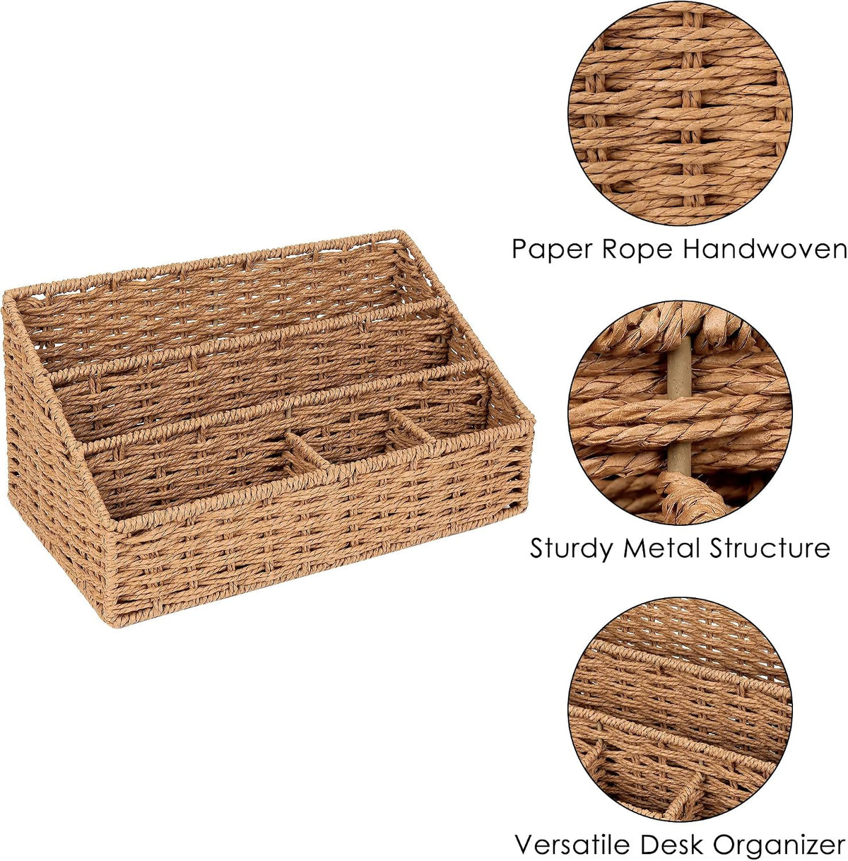Woven Desk Organizer Basket with 5 Compartments, Rustic Paper Rope Mail Holde...