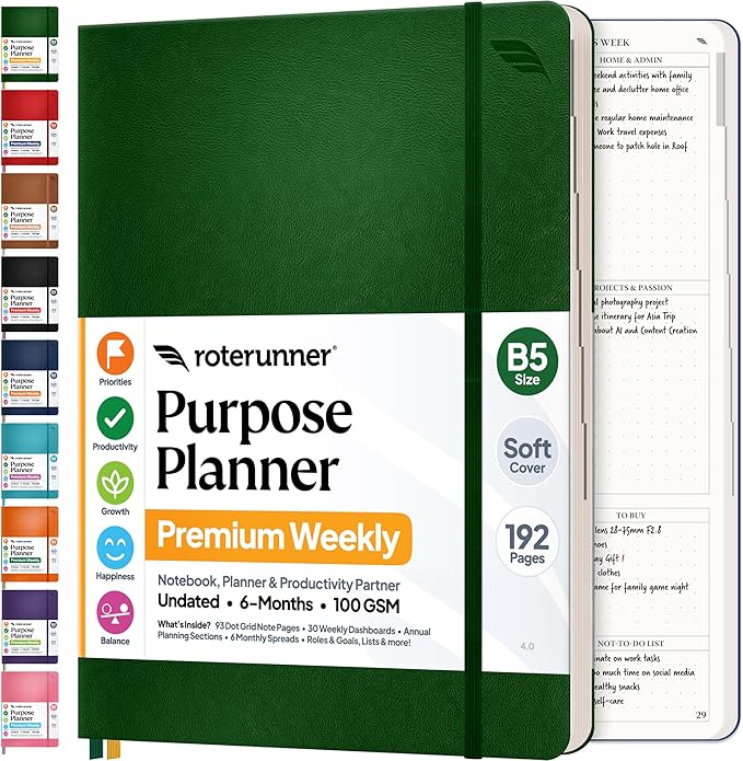 Roterunner Purpose Planner Notebook B5 7.5”x9.8” Undated 2026 Daily Weekly and by Roterunner