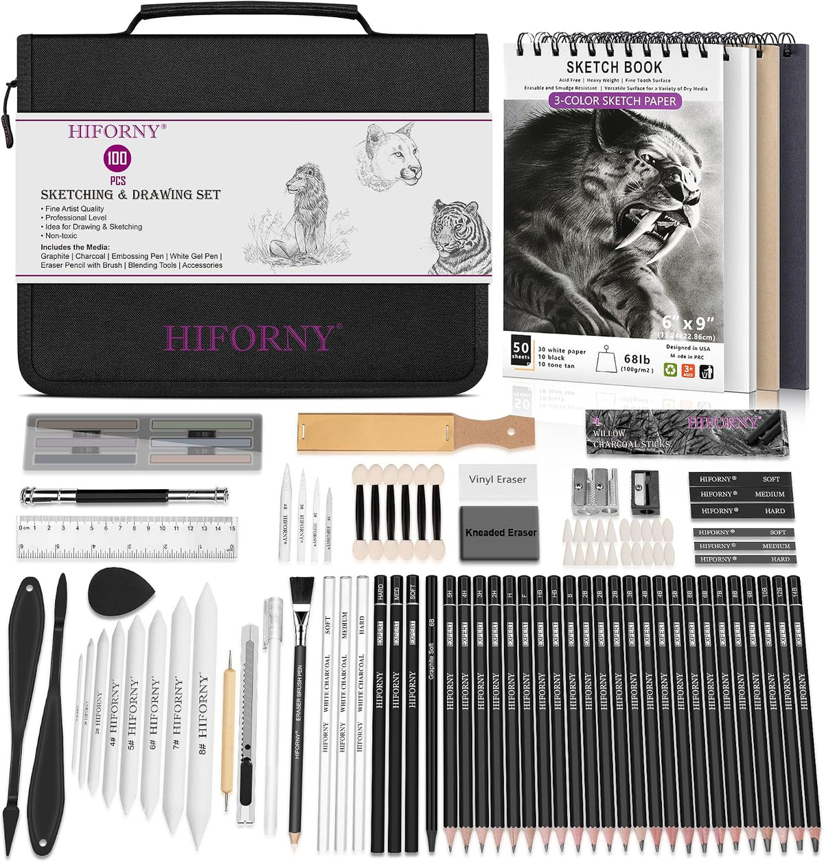 hiforny 100 pcs drawing set sketching kit,sketch pencils, main product view