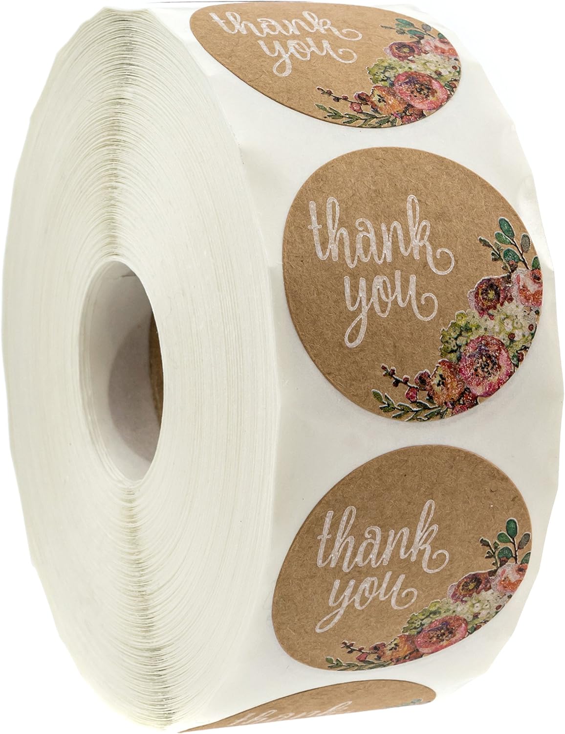 Brown Kraft Floral Thank You Stickers / 1000 Thanks Flowers Labels Roll / 1.5" Round Envelope Seals/Made in The USA
