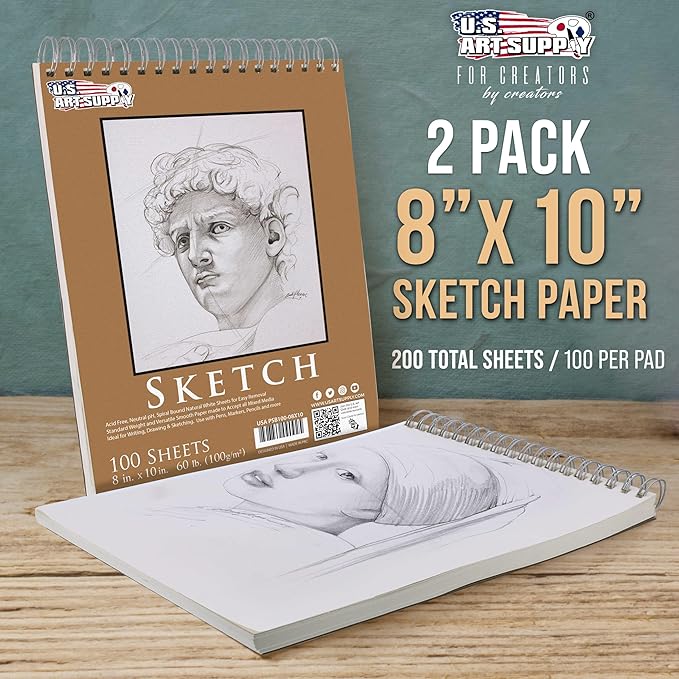 U.S. Art Supply 8"x10" Top Spiral Bound Sketch Book, 2 Pack, 100 Sheets Each - Image 2