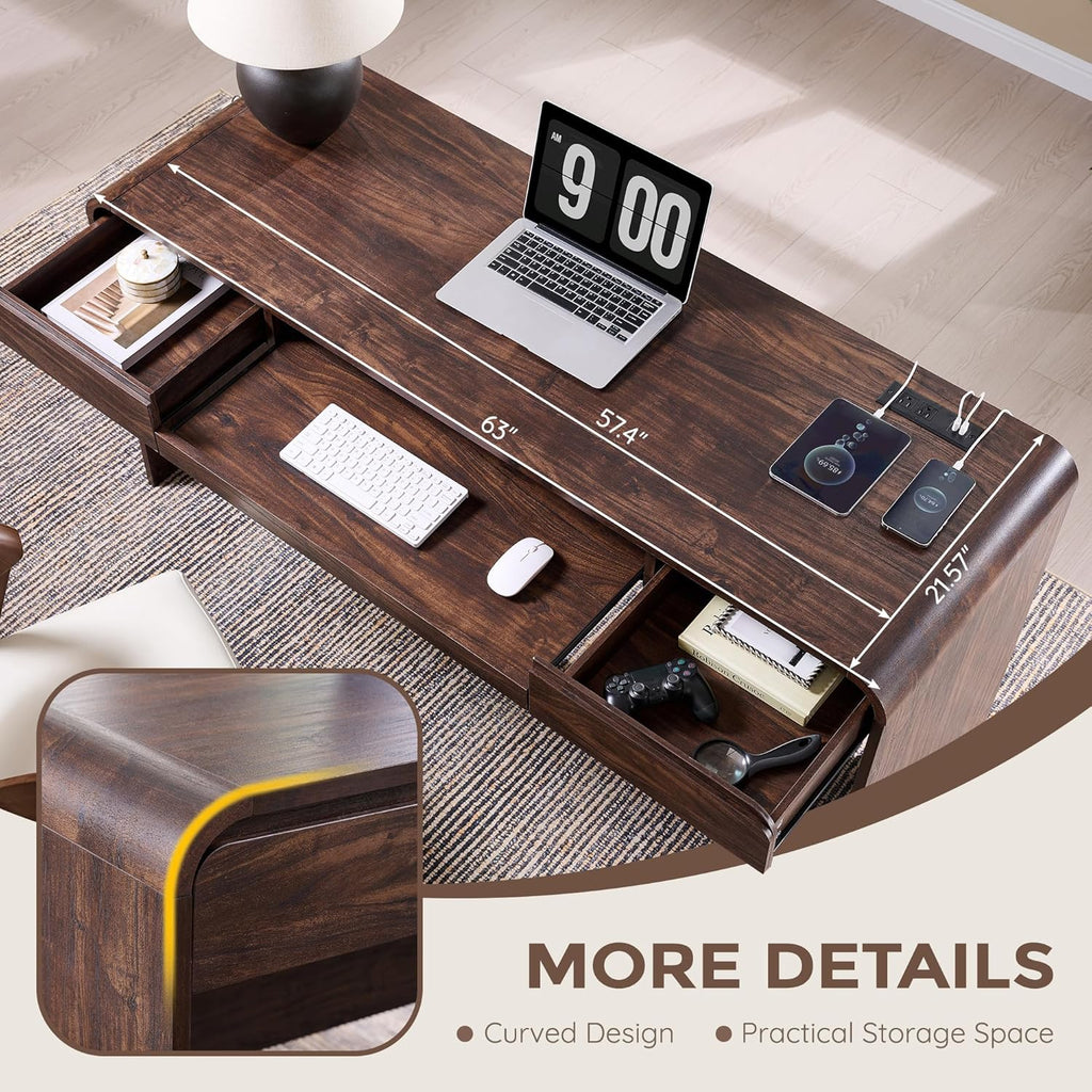63" Modern Computer Desk with 2 Drawers, Wood Curved (Brown) | Executive Desk with Keyboard Tray & Power Outlet, Writing Desks with Storage for Home Office, Study Room, Living Room