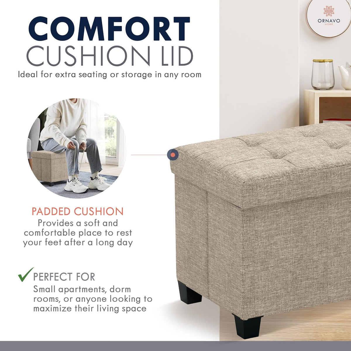 Ornavo Home Small Rectangle Storage Ottoman with Legs, 12x16x12, Tan/Taupe