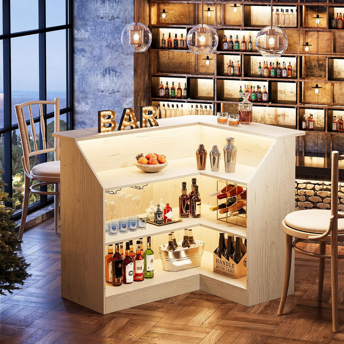 Tribesigns Bar Cabinet, L-Shaped Home Bar Table with Stemware Racks, 4-Tier C...