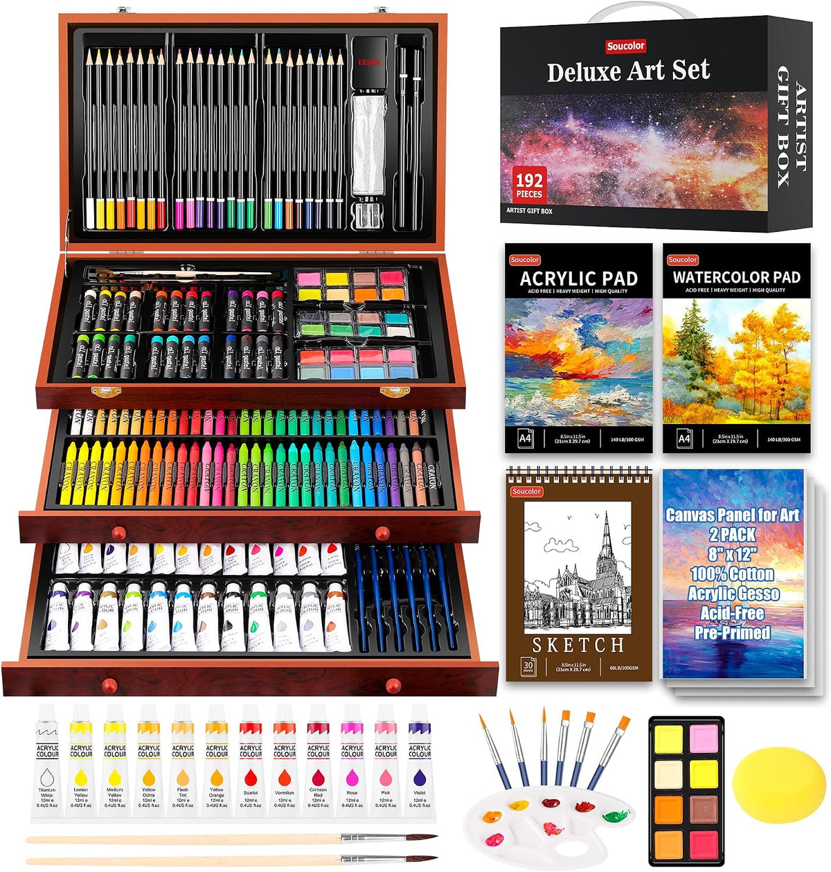 soucolor art supplies,192 pack deluxe art set drawing, main product view