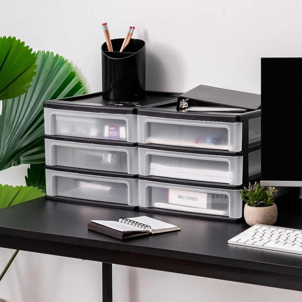 iris usa 2-pack, 3-drawer medium plastic stacking desktop on a desk or shelf