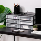 iris usa 2-pack, 3-drawer medium plastic stacking desktop on a desk or shelf